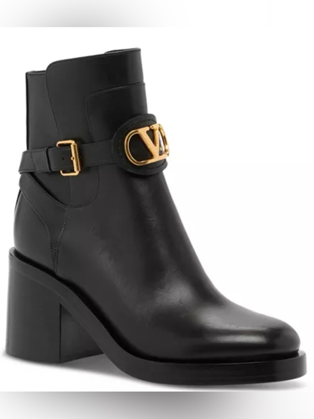 Valentino Black Leather Ankle Boot with Gold V-Buckle